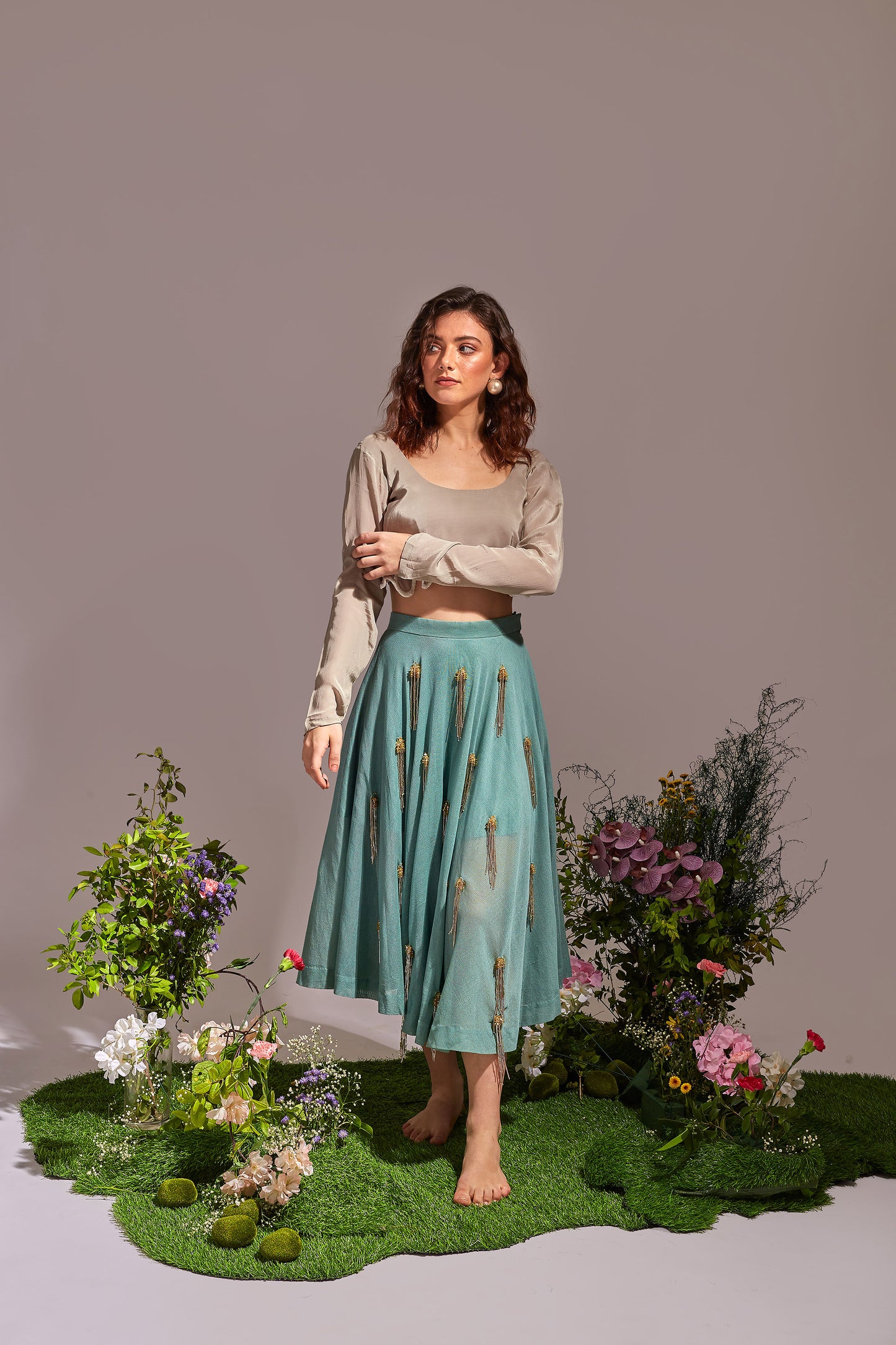 FLEURI Light Grey and Light sea Green top and skirt