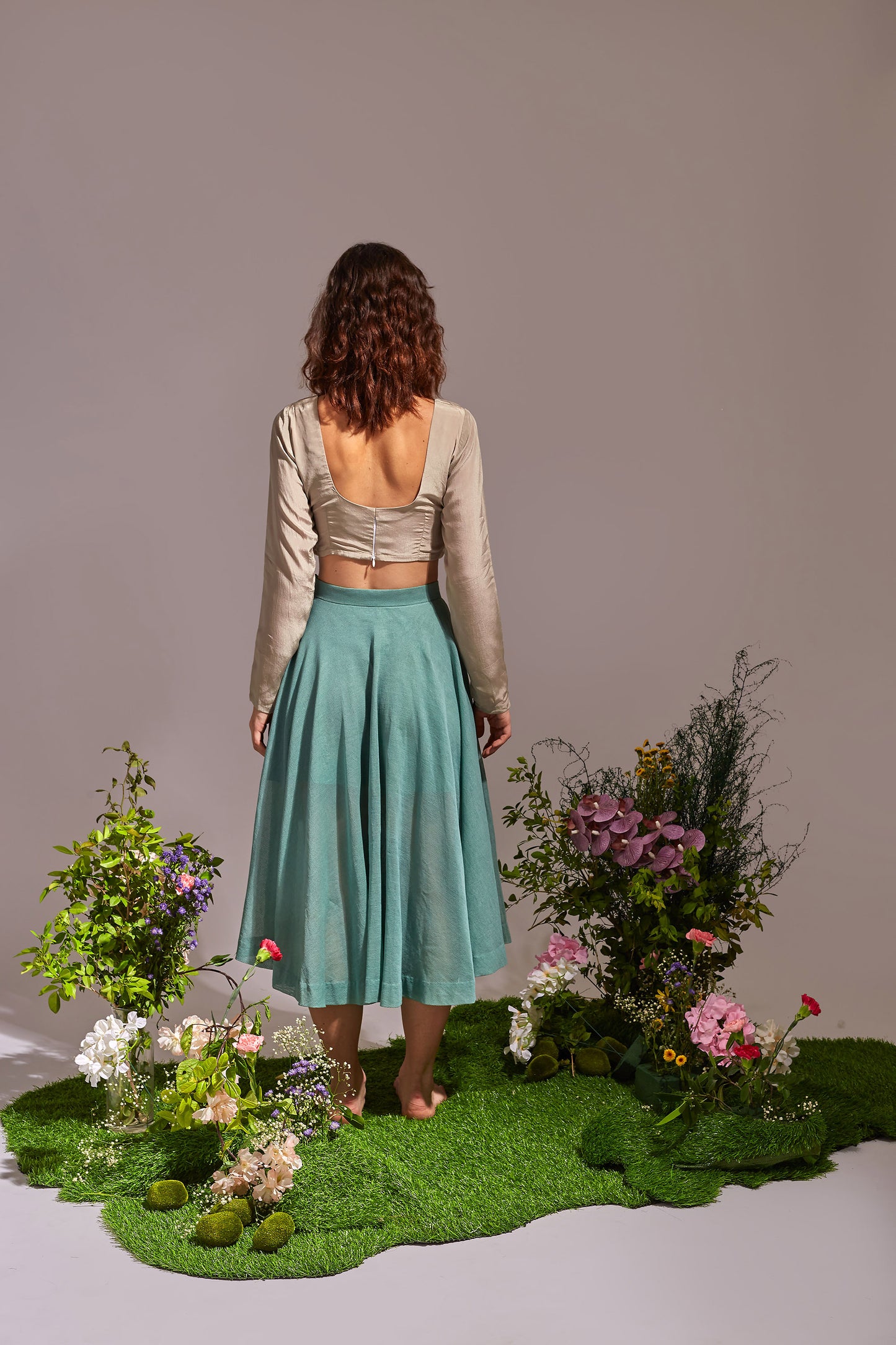 FLEURI Light Grey and Light sea Green top and skirt