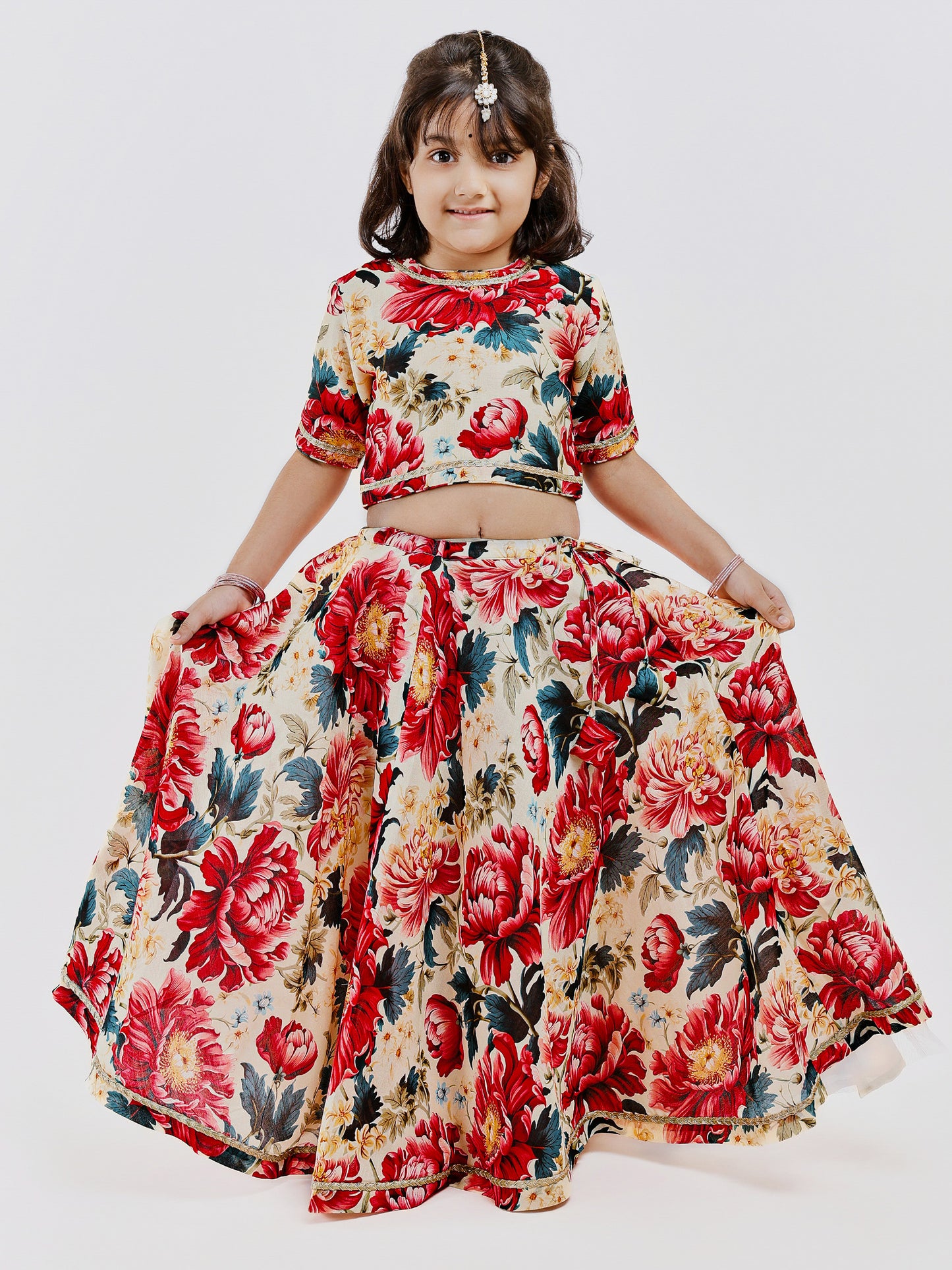 Ivory handwoven chanderi Floral lehenga for girls