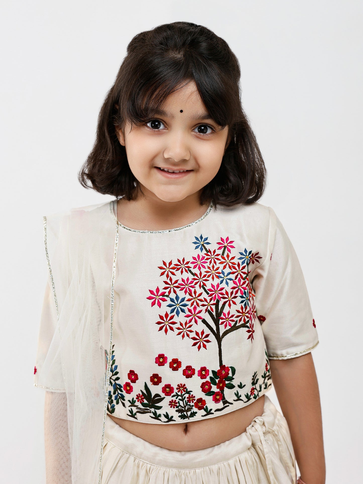 Ivory Floral Cotton Lining Kids lehenga