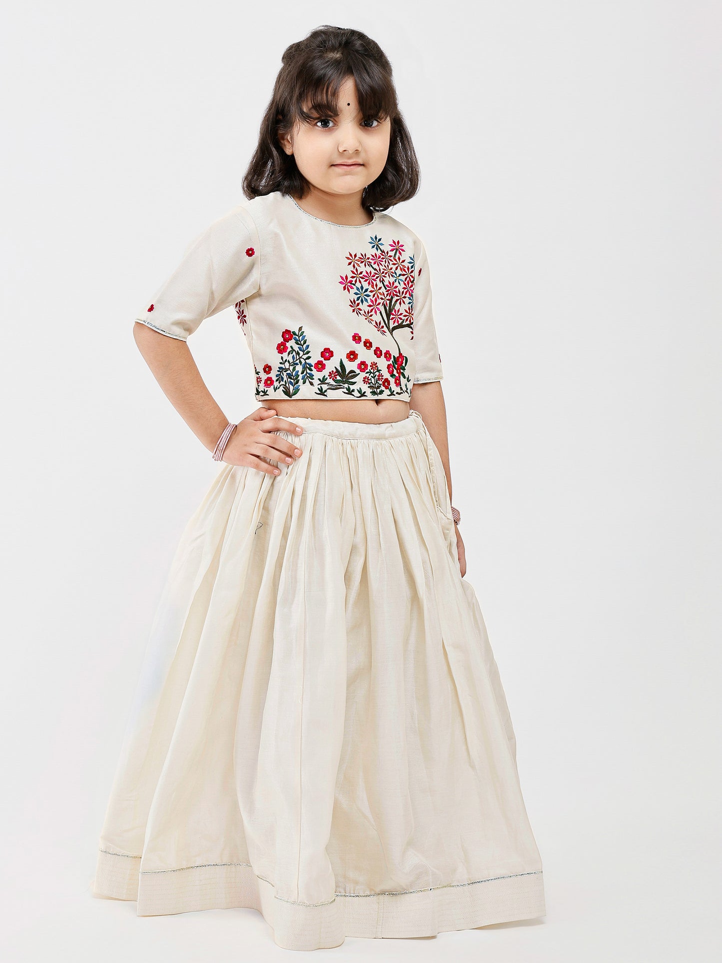 Ivory Floral Cotton Lining Kids lehenga