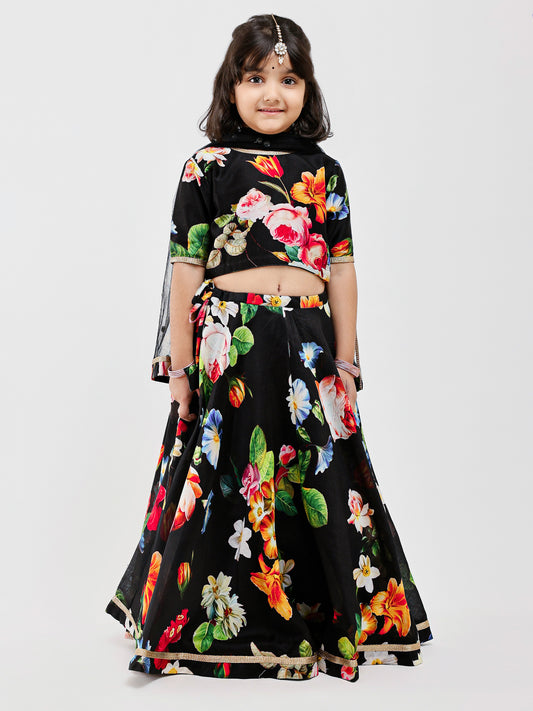 Black Floral Chanderi Digital Print Kids lehenga