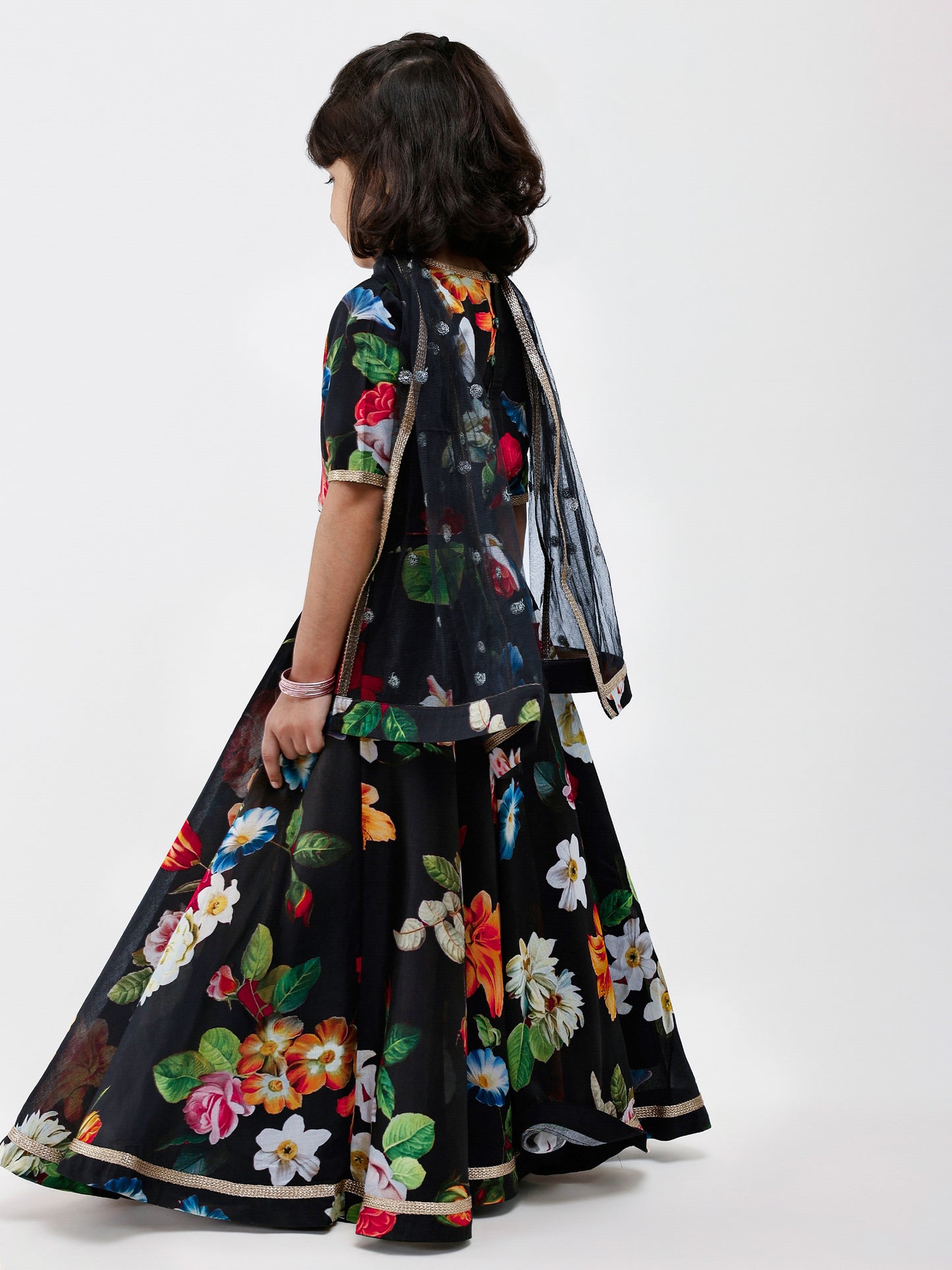 Black Floral Chanderi Digital Print Kids lehenga