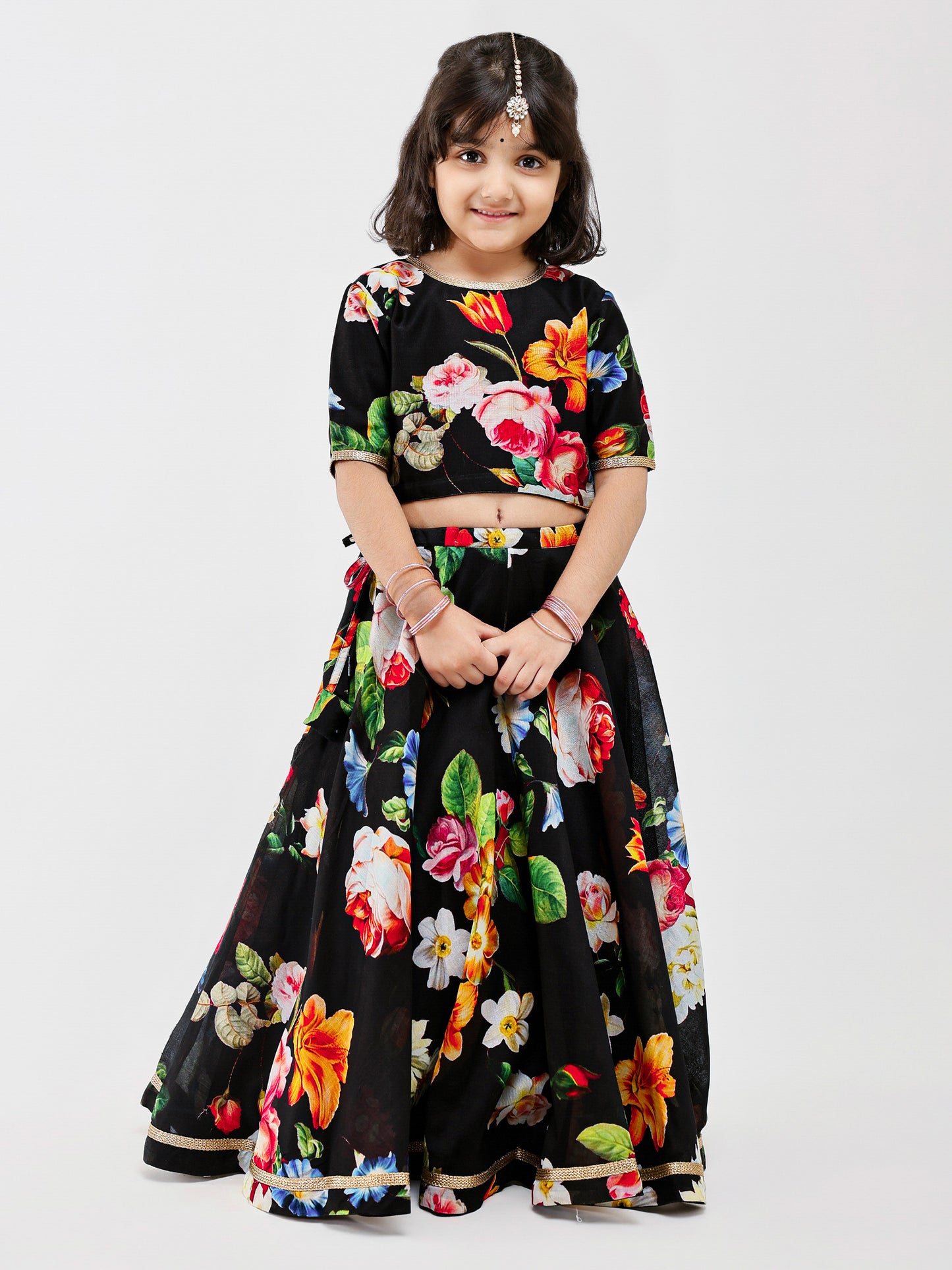 Black Floral Chanderi Digital Print Kids lehenga