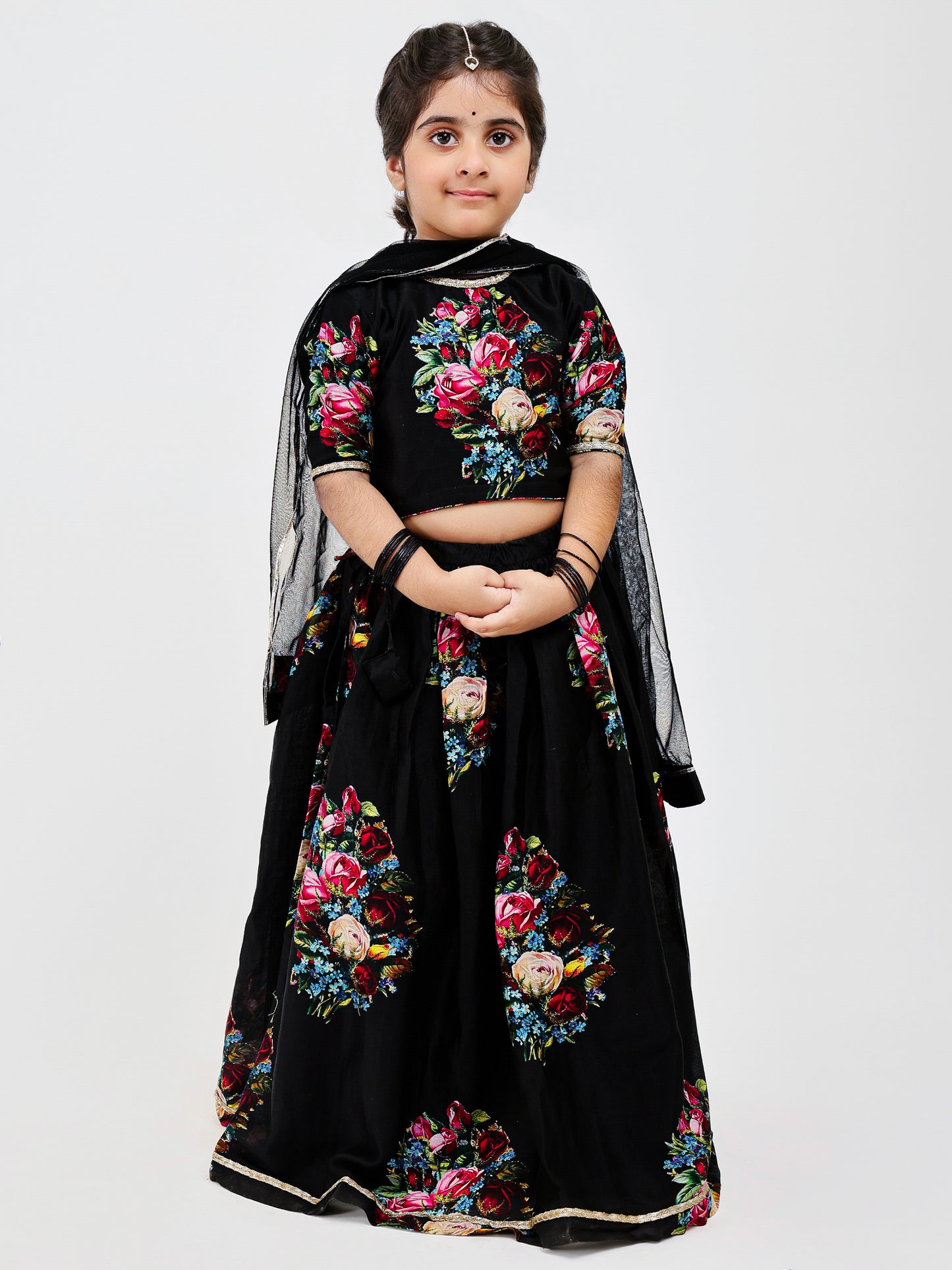 Black Floral Handwoven chanderi Kids lehenga