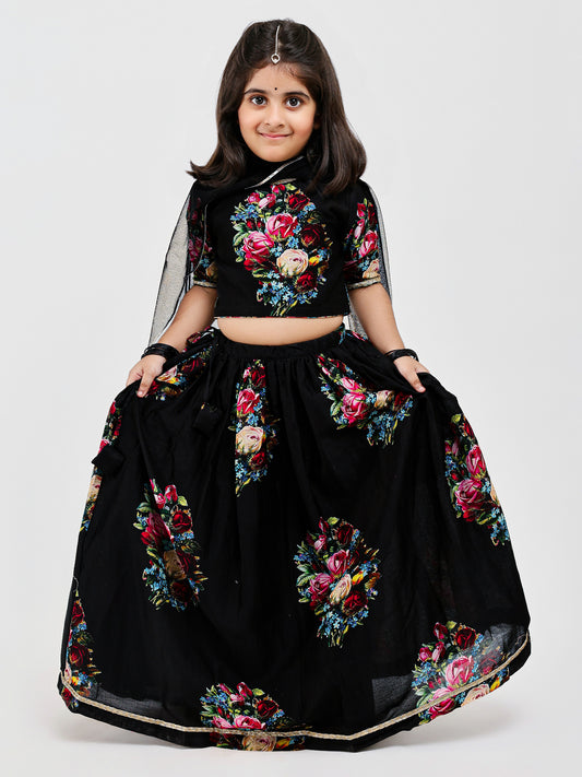 Black Floral Handwoven chanderi Kids lehenga