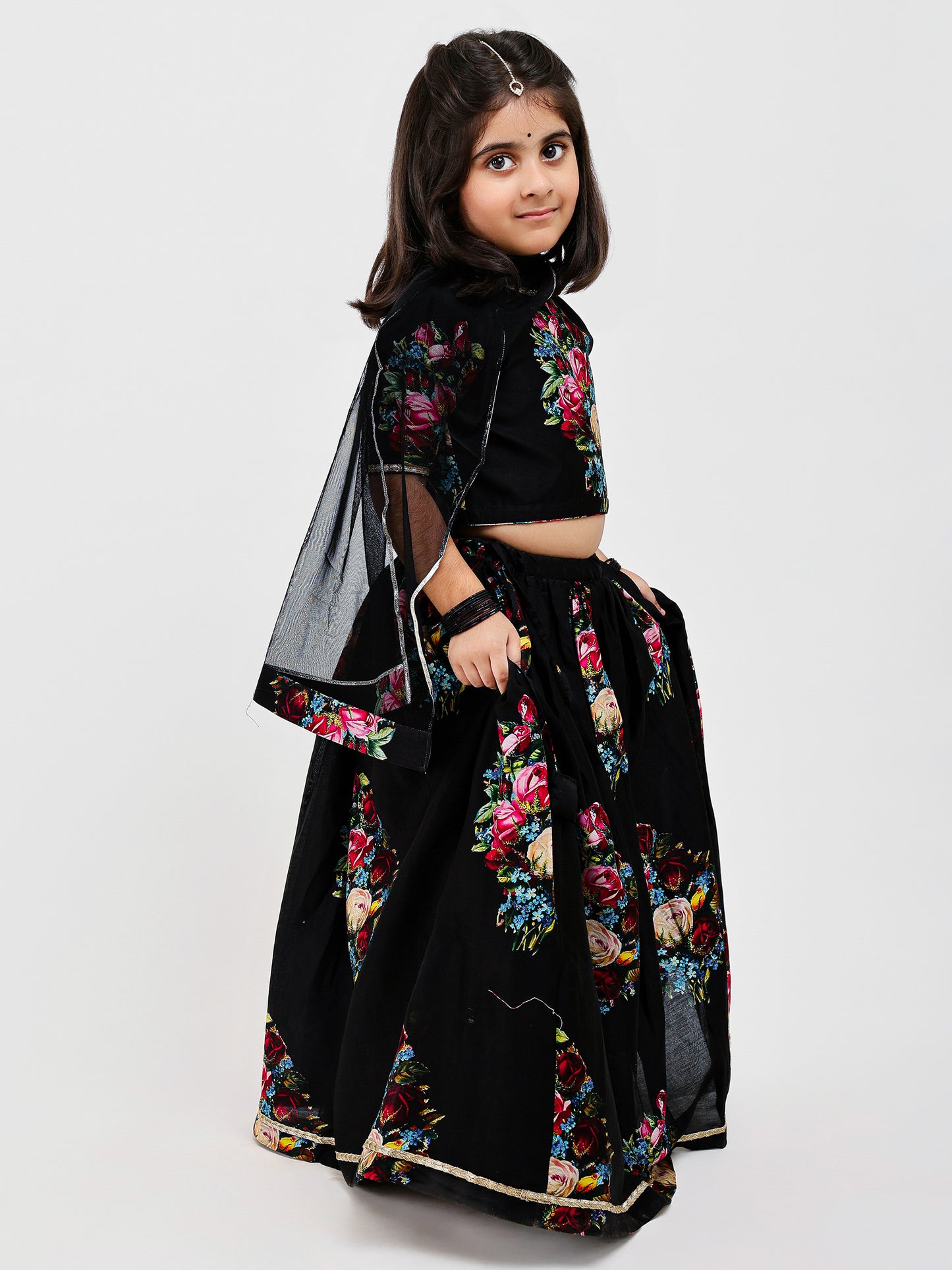 Black Floral Handwoven chanderi Kids lehenga