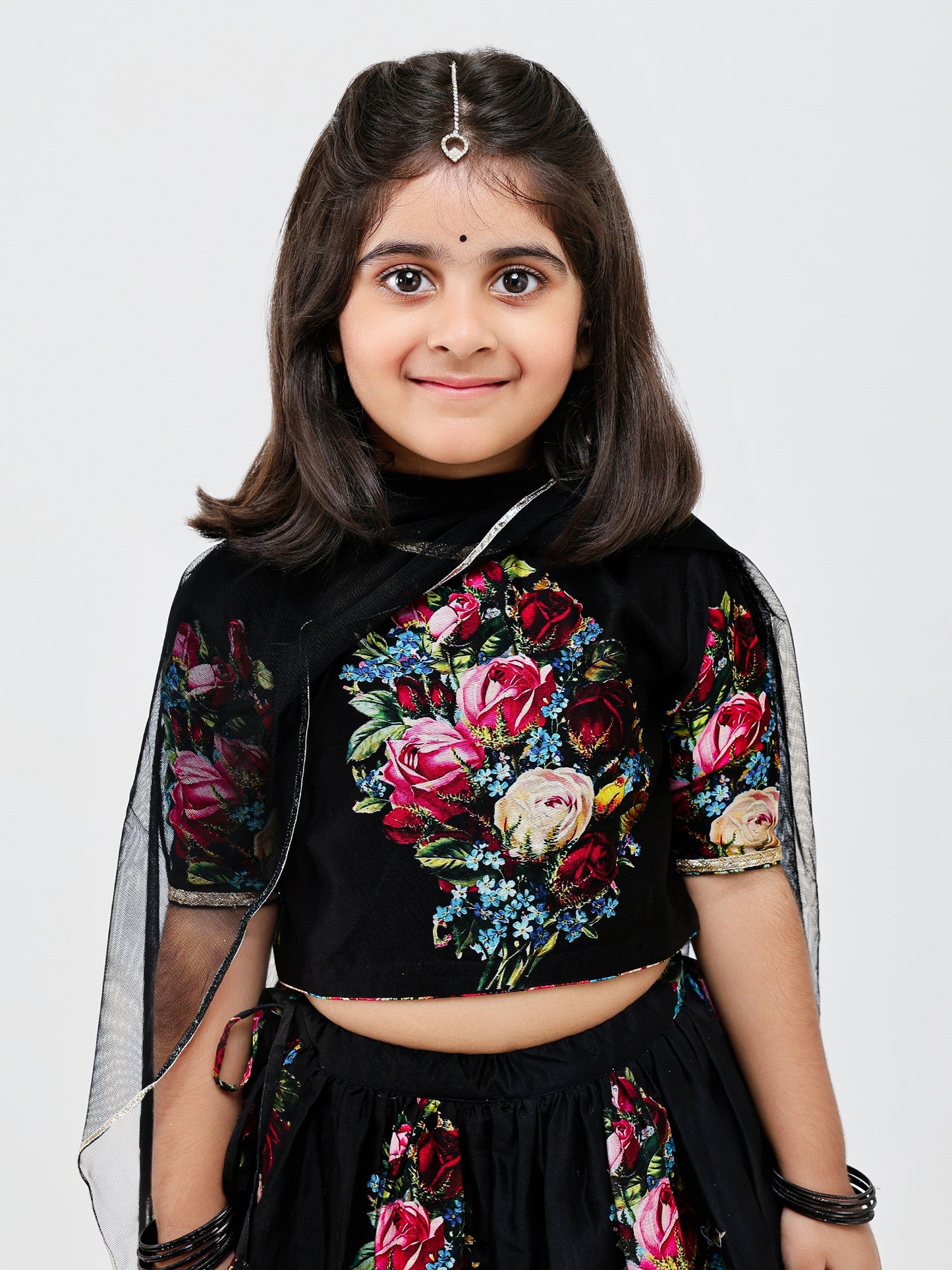 Black Floral Handwoven chanderi Kids lehenga