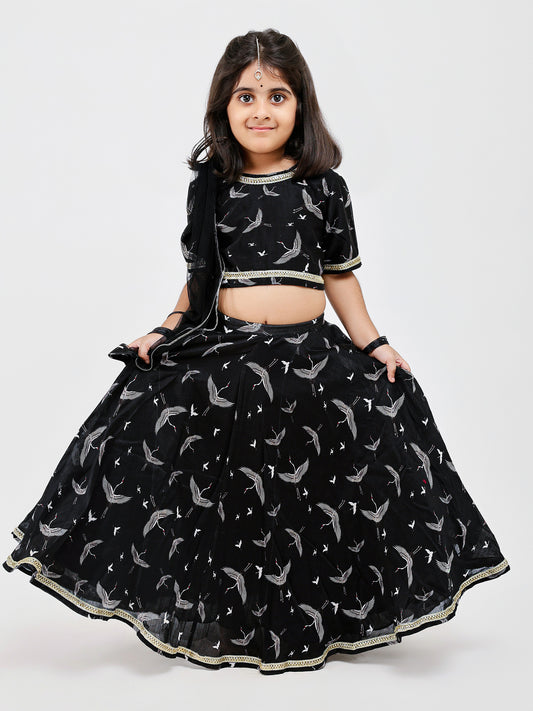 Black Floral Printed kids lehenga