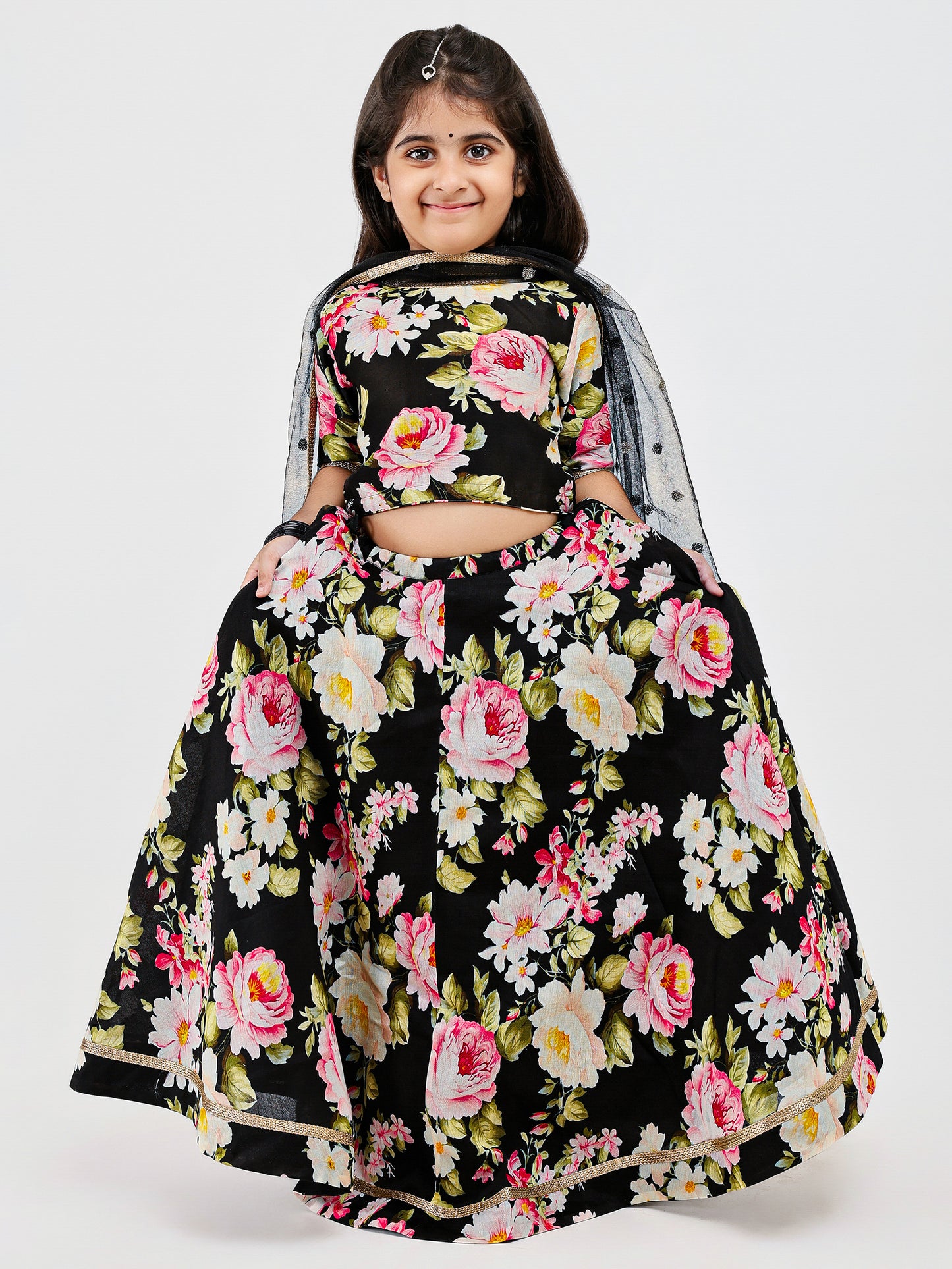 Black Floral Printed kids lehenga