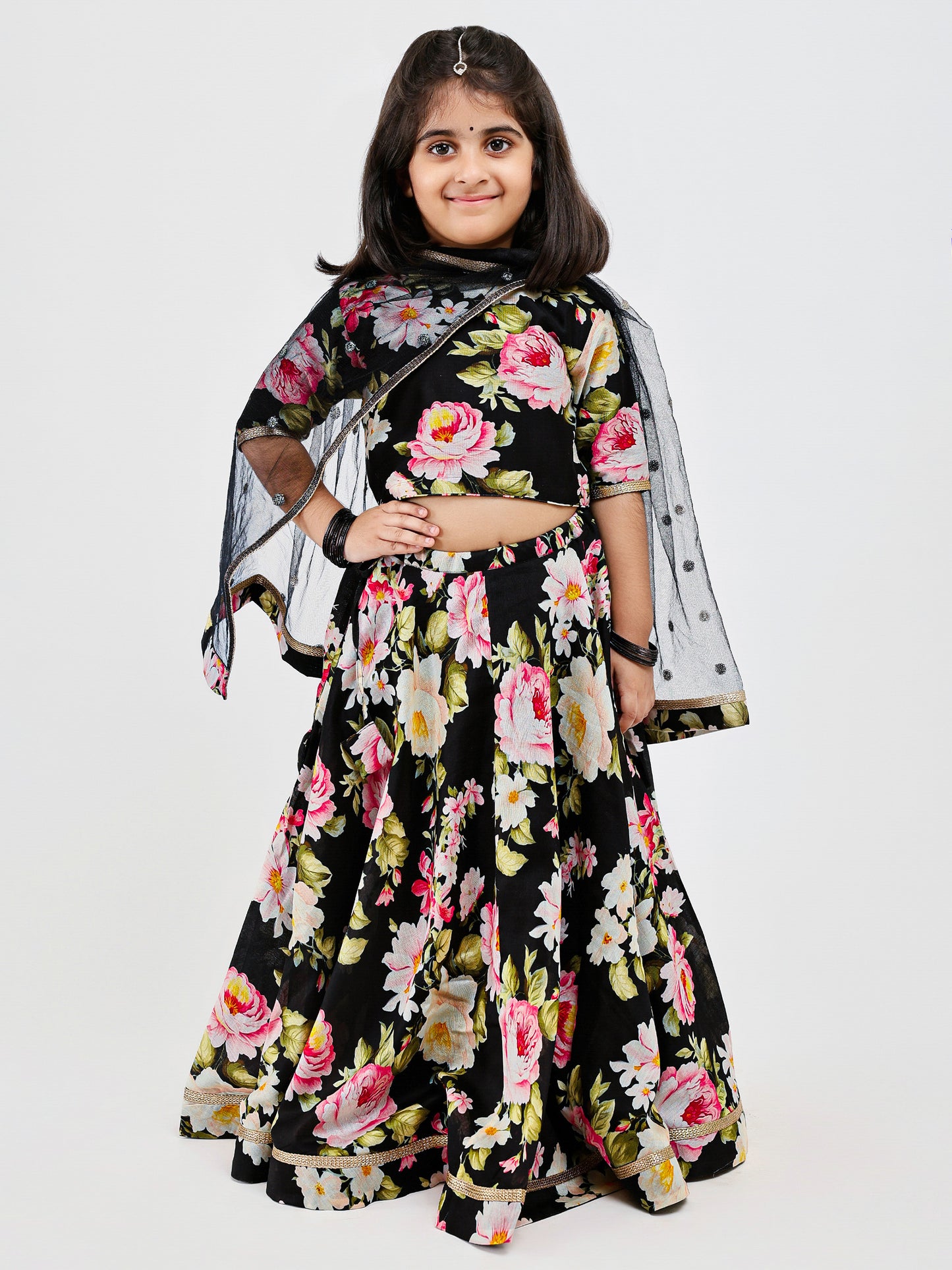 Black Floral Printed kids lehenga