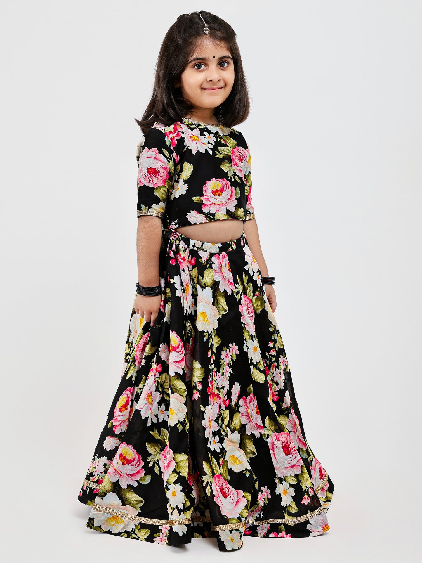 Black Floral Printed kids lehenga