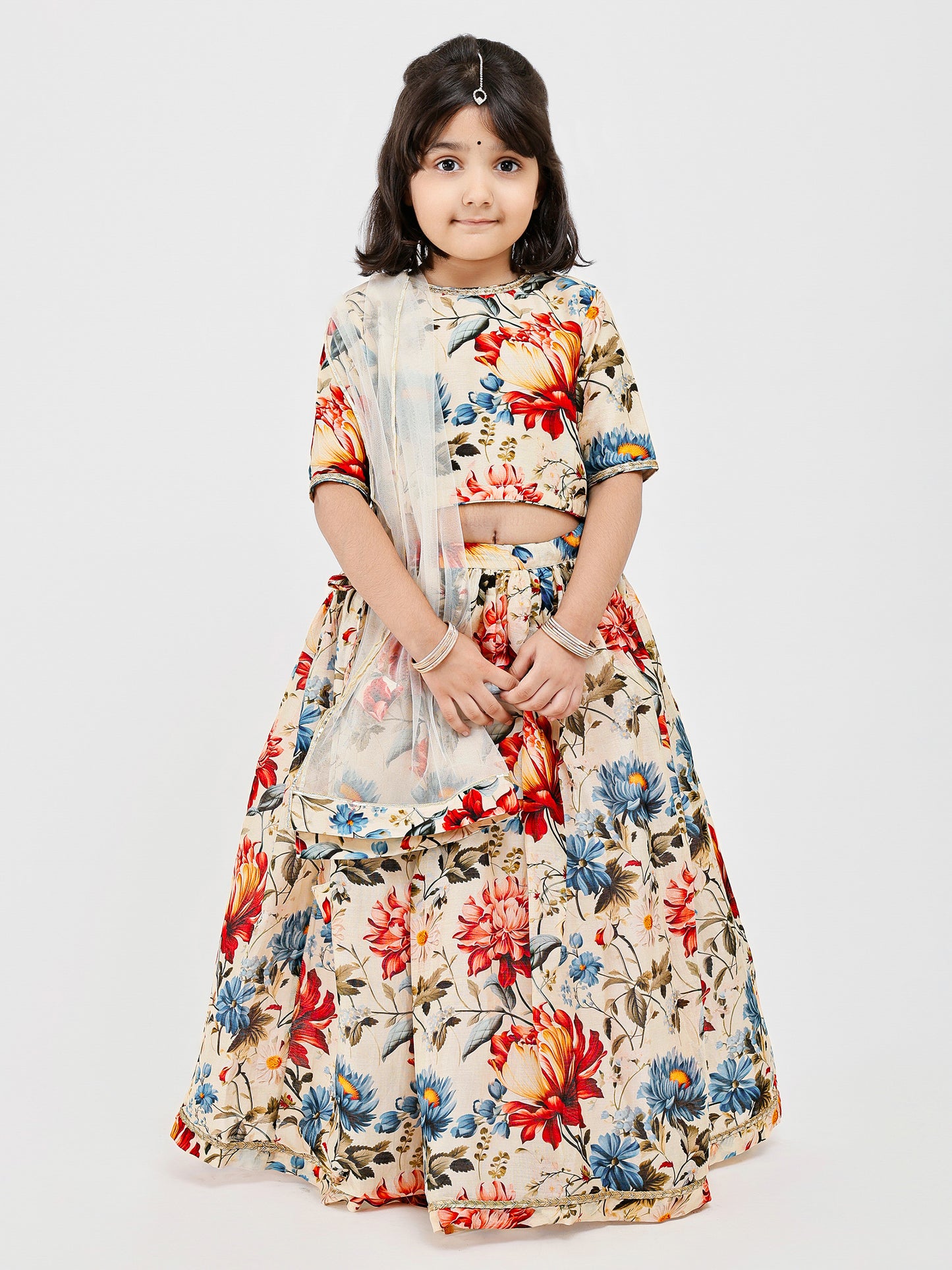 Ivory Floral Handwoven chanderi Kids lehenga