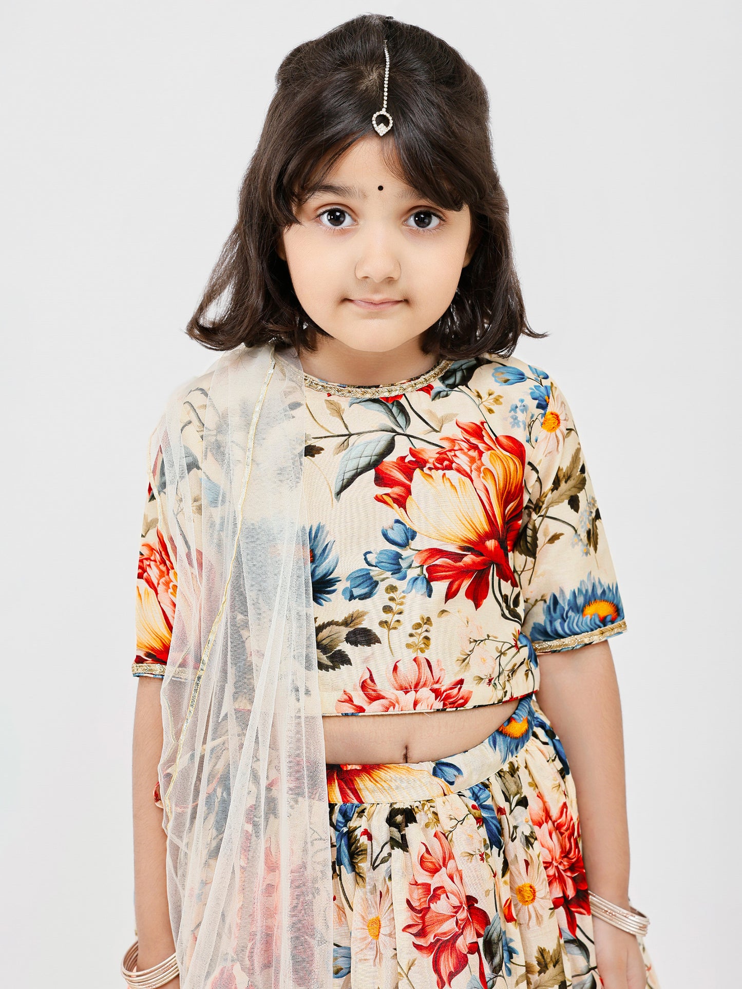 Ivory Floral Handwoven chanderi Kids lehenga