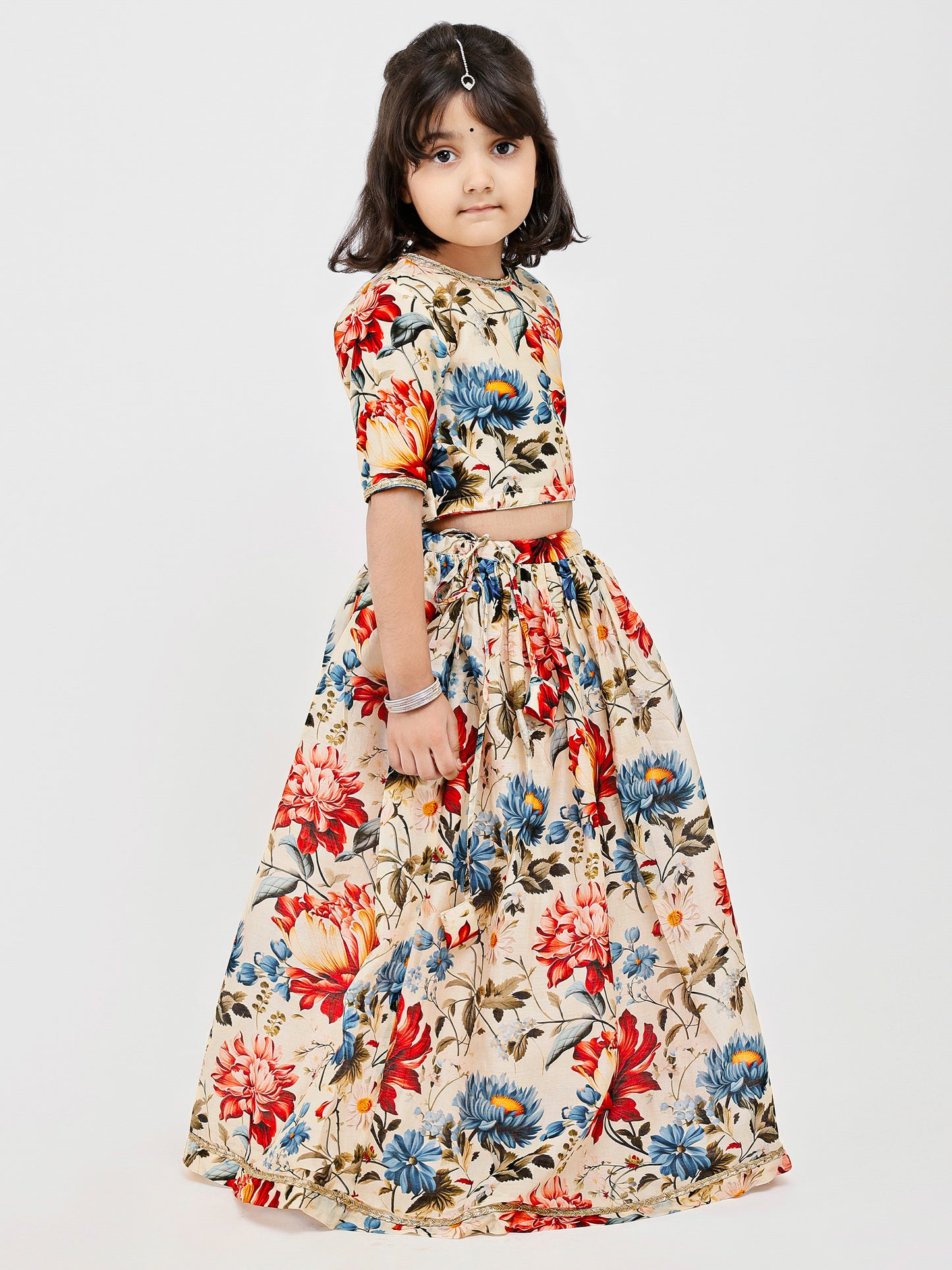 Ivory Floral Handwoven chanderi Kids lehenga