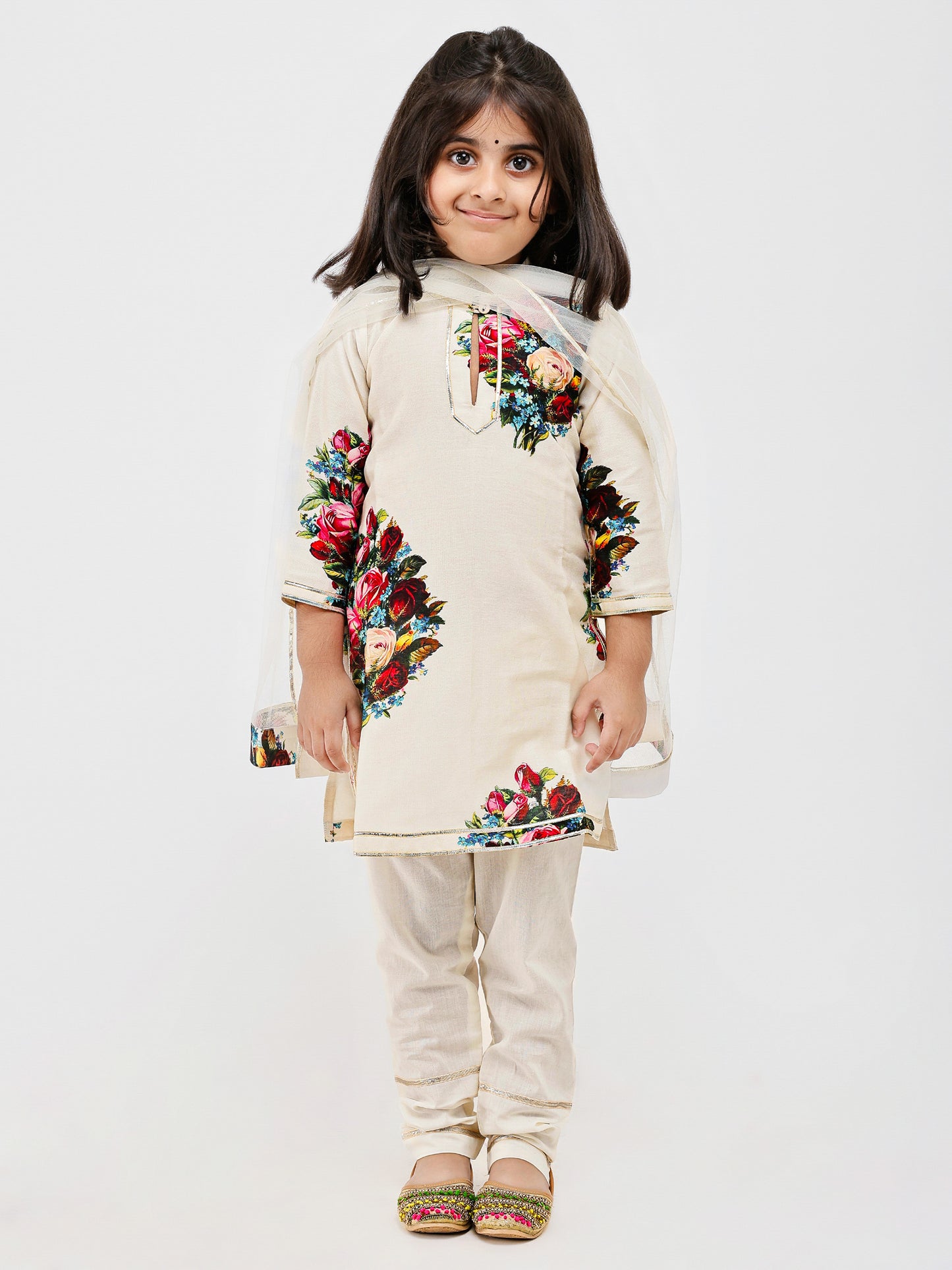 Ivory Floral Printed Kids Kurta Pajama