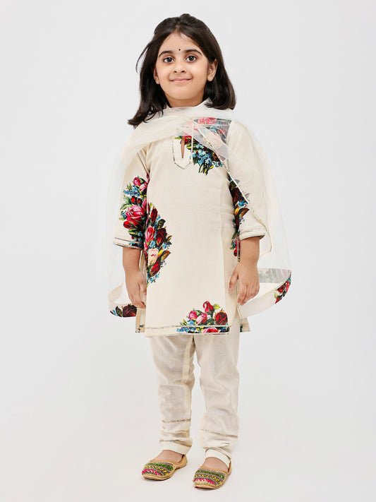 Ivory Floral Printed Kids Kurta Pajama