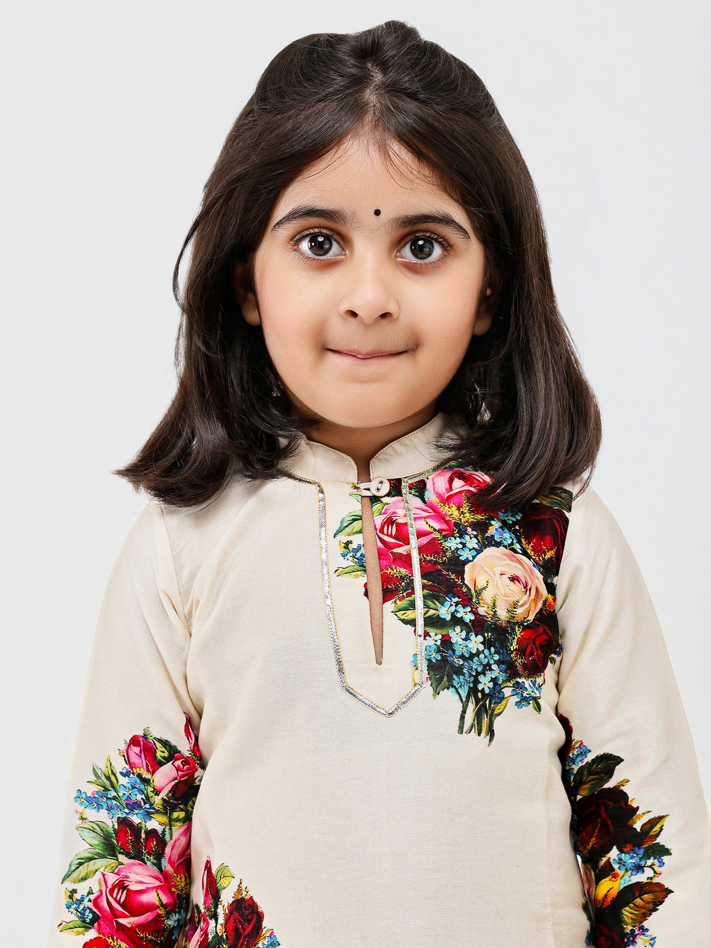 Ivory Floral Printed Kids Kurta Pajama