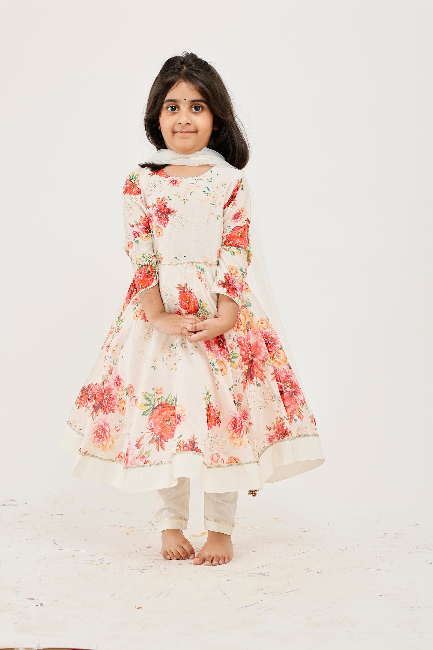 Ivory Floral Printed Kids Anarkali