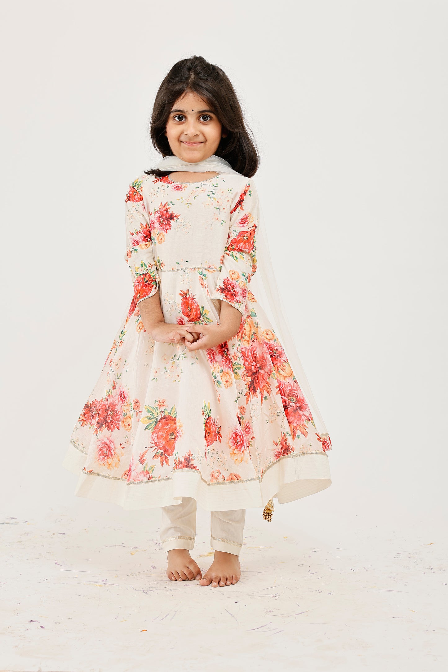 Ivory Floral Printed Kids Anarkali