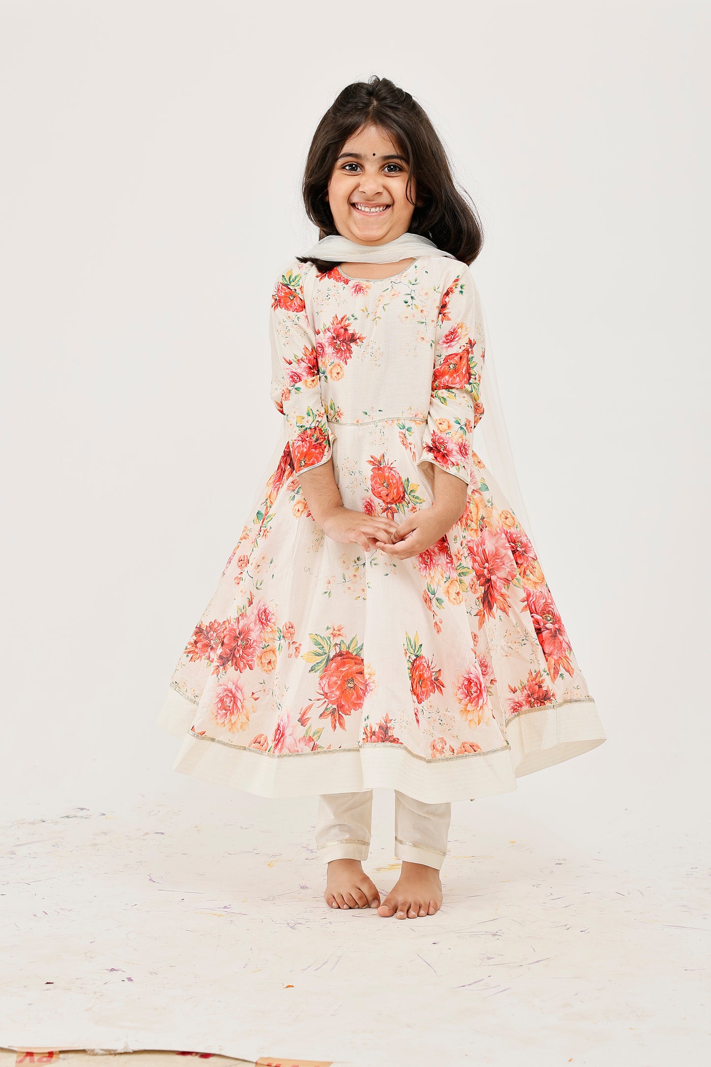 Ivory Floral Printed Kids Anarkali