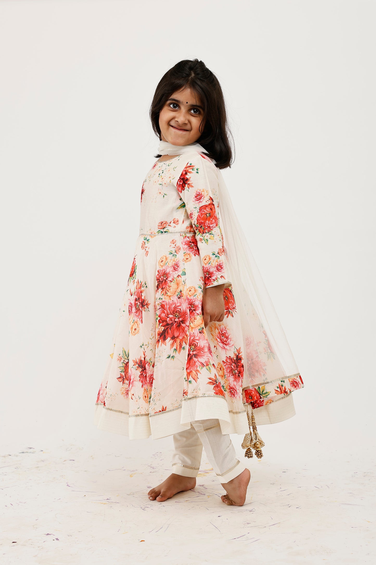 Ivory Floral Printed Kids Anarkali