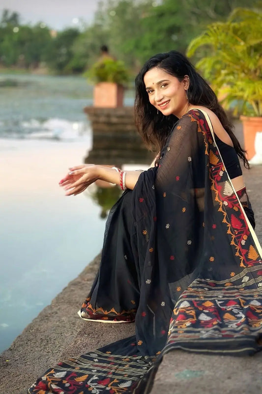 Handloom Black Pure Cotton Jamdani Saree with Multi colour Border