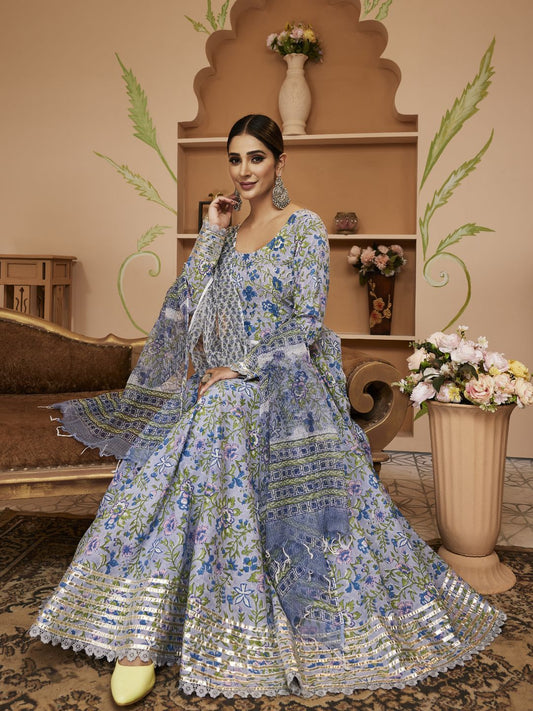 Handblock Floral Printed Blue Anarkali Cotton Kurta With Trousers & Dupatta