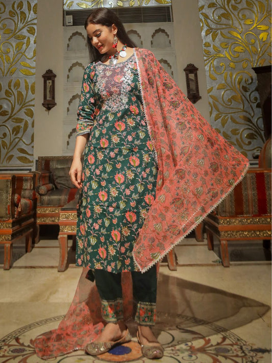 Green Floral Printed Kurta Pant Set with Dupatta