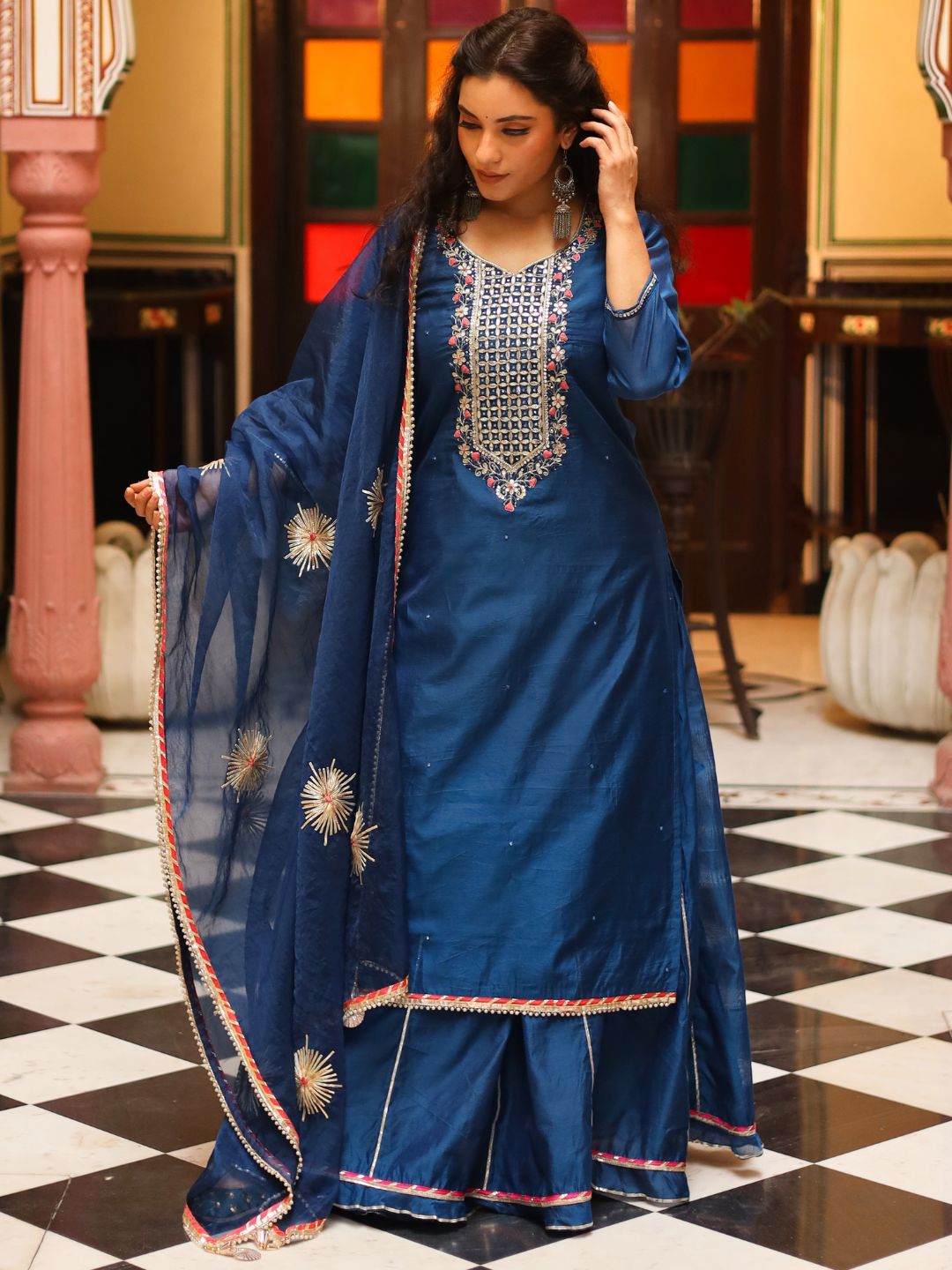 Blue Solid Chenderi Kurta Skirt Set with Dupatta