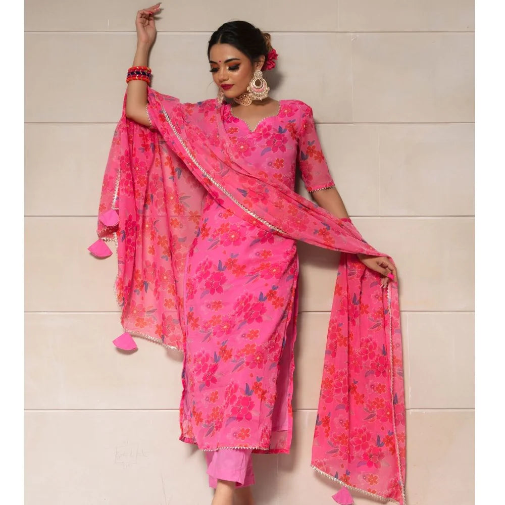 Jarokha Cosmos Pink Chinnon Chiffon Suit set