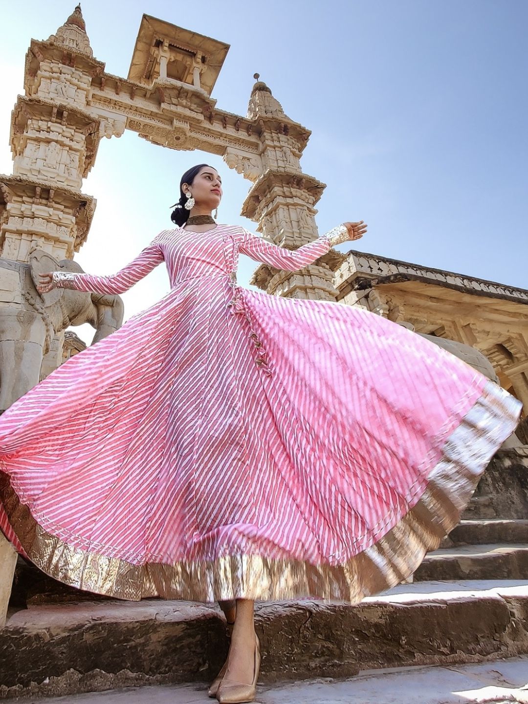 Pink Leheriya Cotton Anarkali With Copper Lace