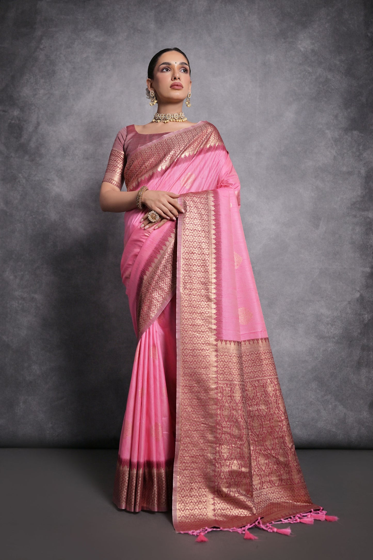 Baby Pink Vaishali Tussar Silk Zari Woven Saree