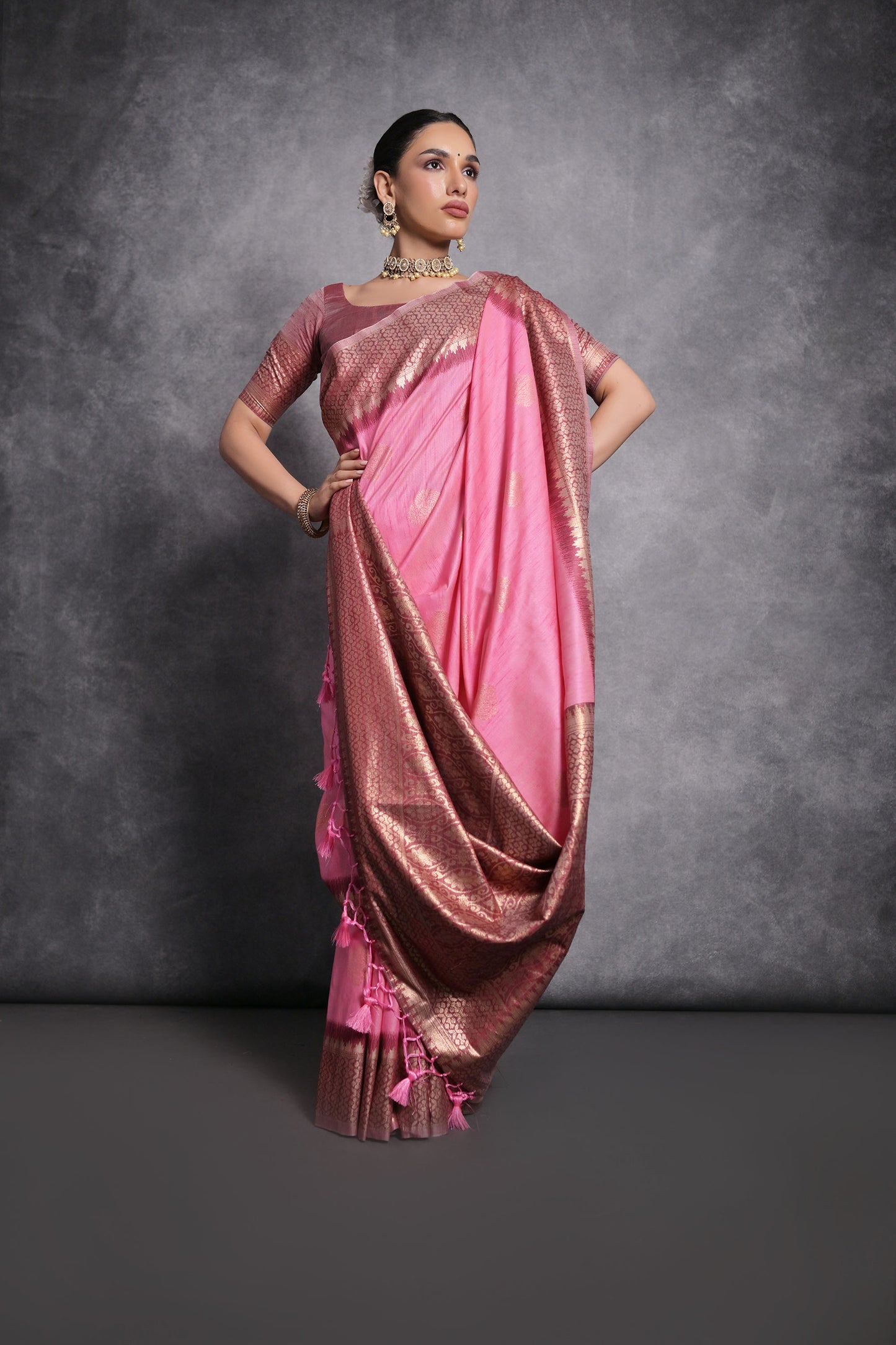 Baby Pink Vaishali Tussar Silk Zari Woven Saree