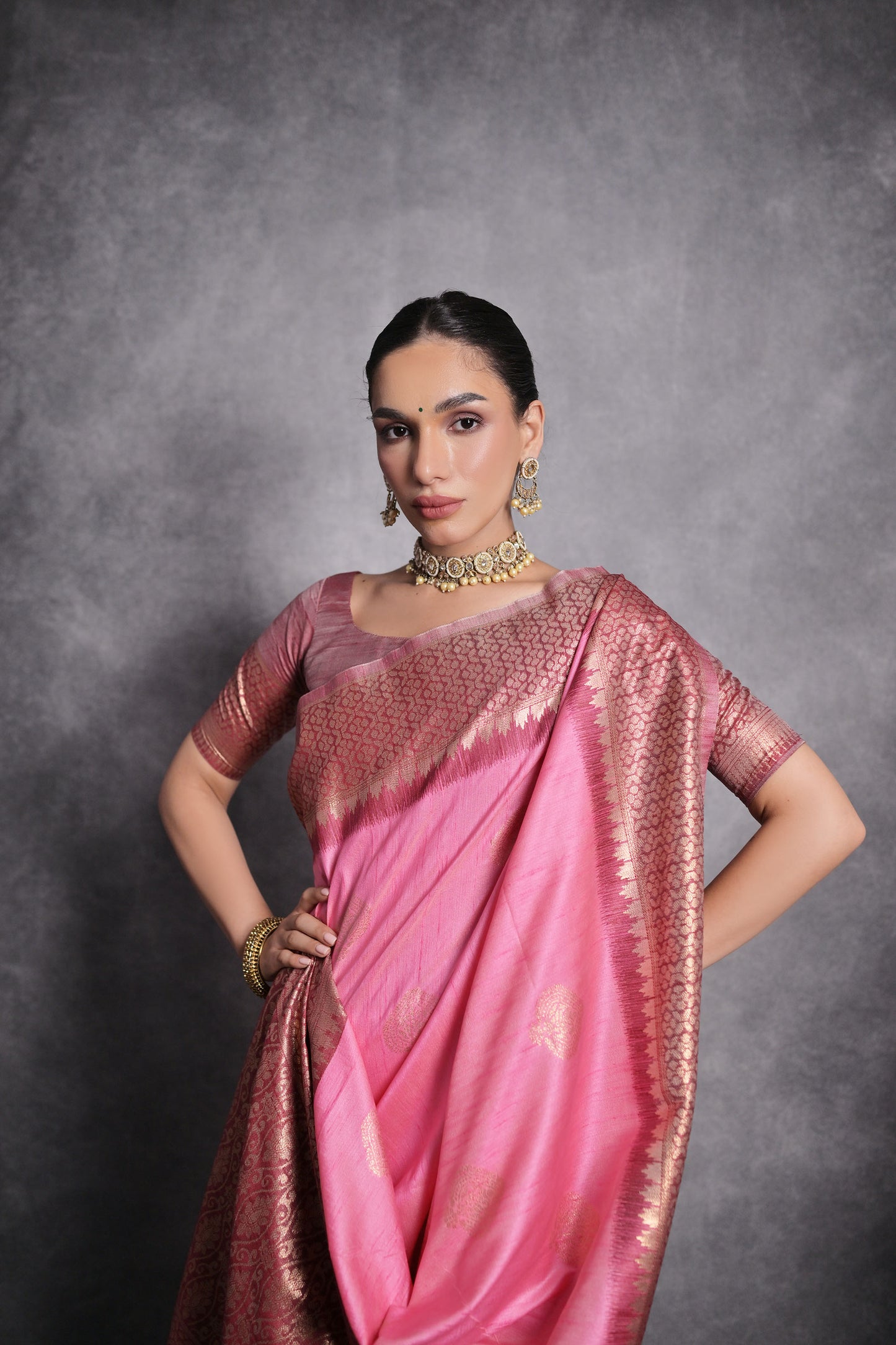 Baby Pink Vaishali Tussar Silk Zari Woven Saree