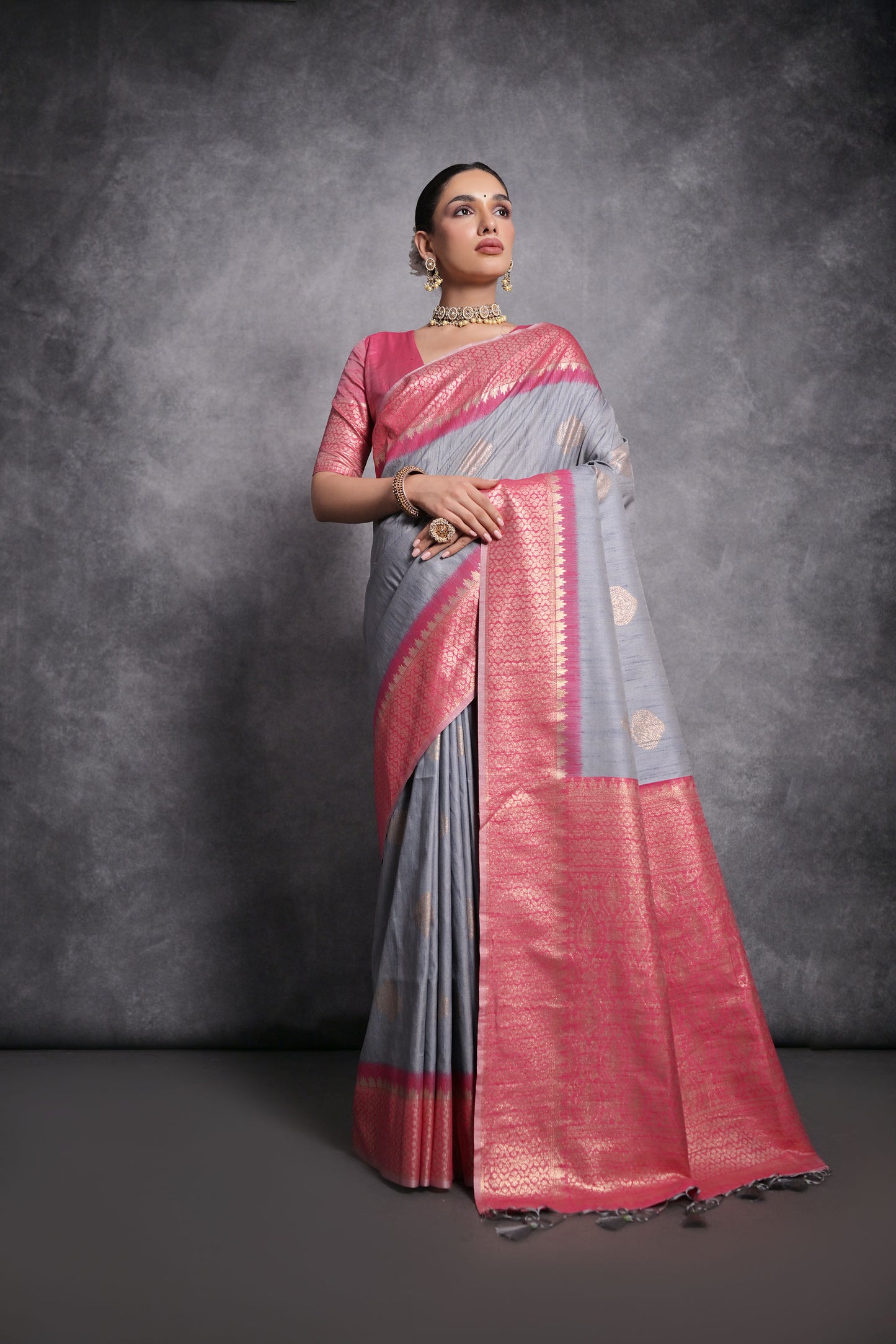 Grey Vaishali Tussar Silk Zari Woven Saree