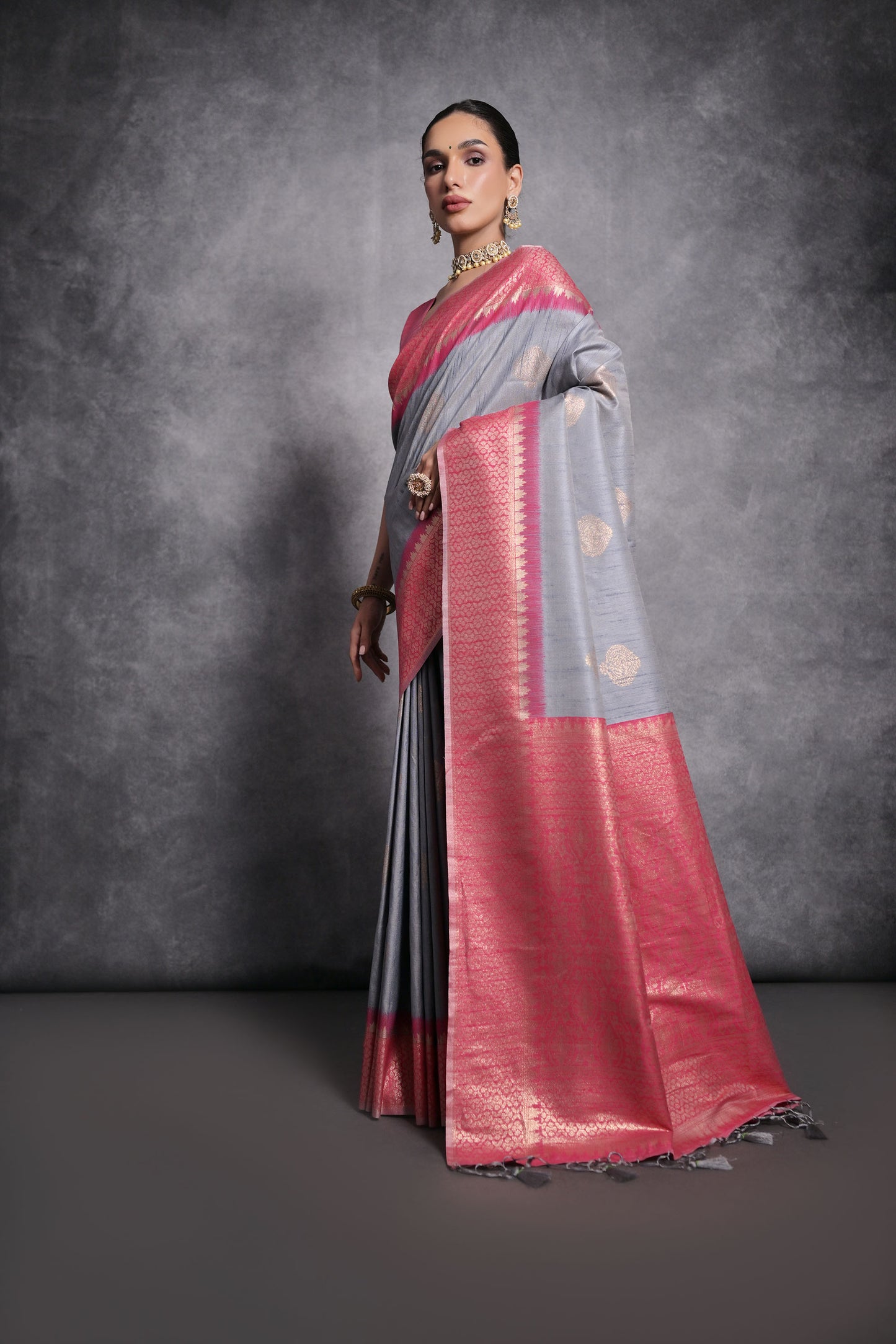 Grey Vaishali Tussar Silk Zari Woven Saree