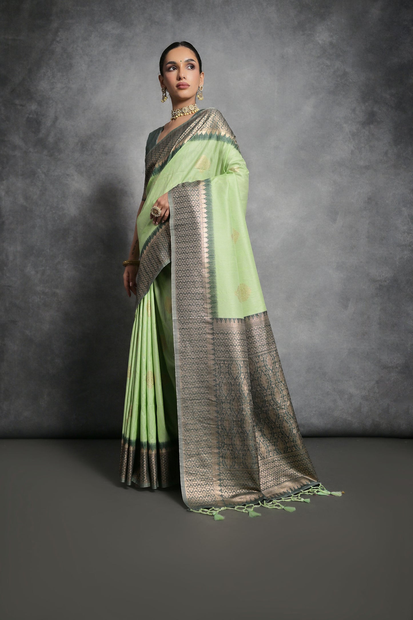 Pista Vaishali Tussar Silk Zari Woven Saree