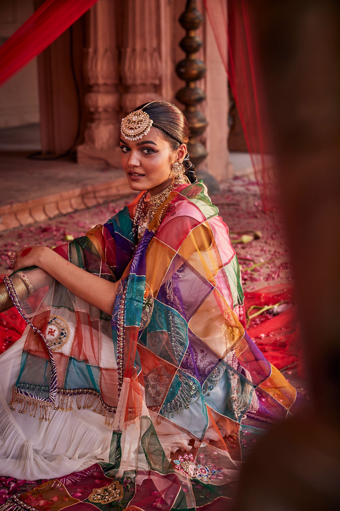 White Sharara Set with Paisley Pattern and Multi-color Dupatta