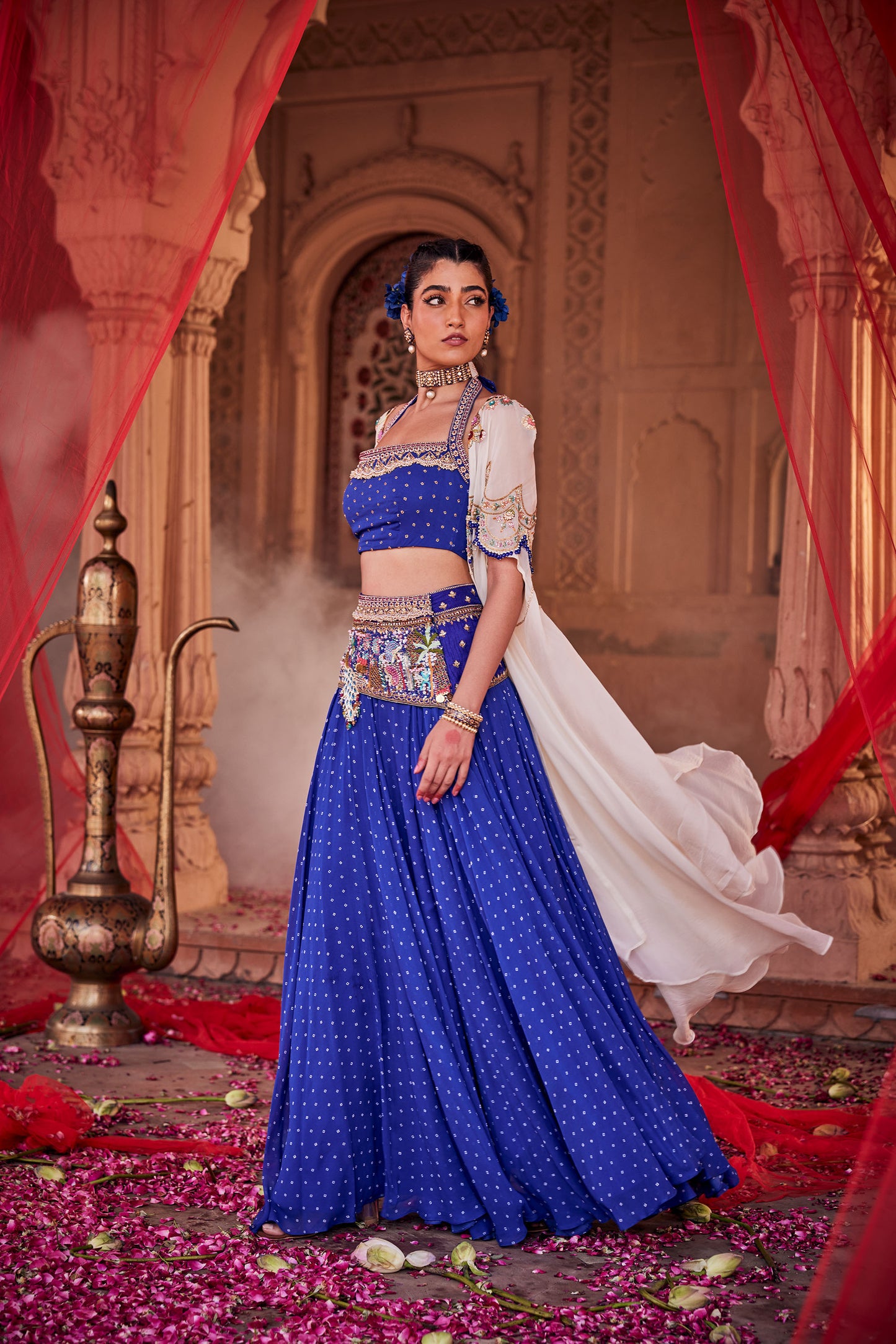 Royal Blue Lehenga & Bustier with Cape