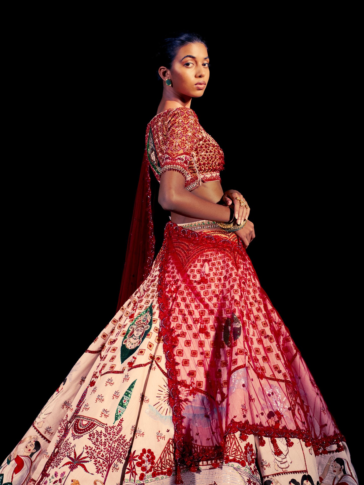 Ranjita Red & White Raw Silk Sequins Designer Bridal Lehenga