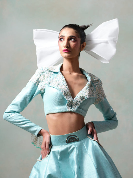 Pastel Blue Raw Silk Sequins Skirt Set