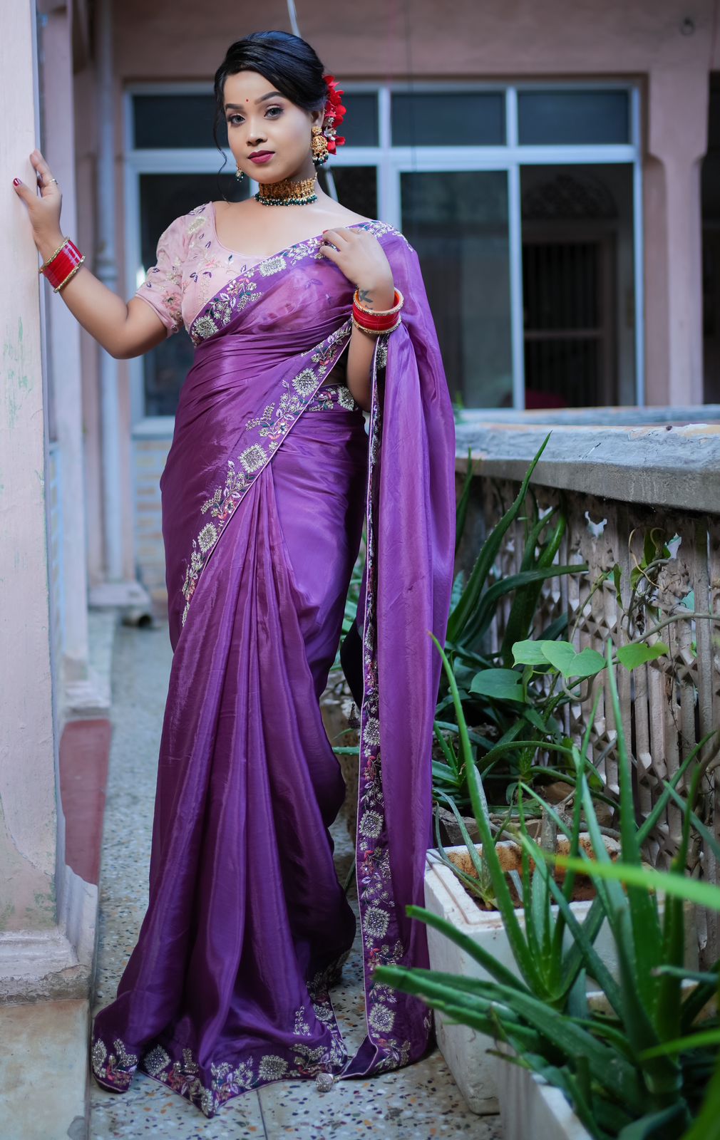 Purple Crepe Hand Embroidered saree