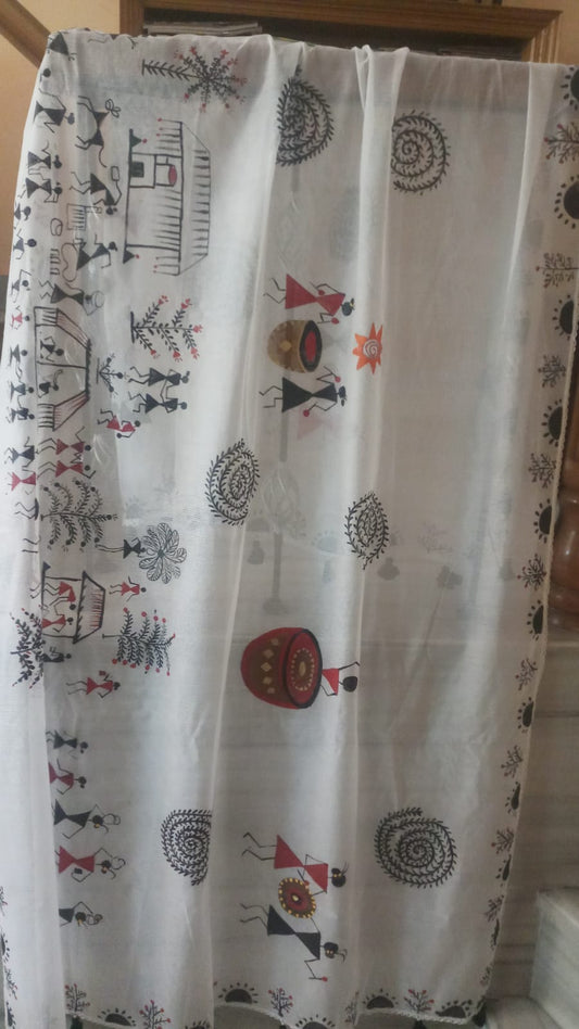 Warli Art Handpainted Cotton Dupatta - White