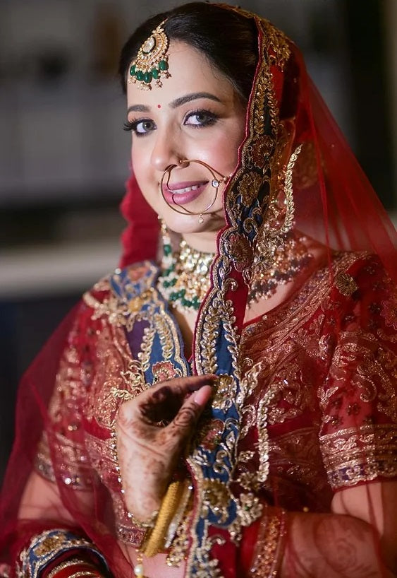 Crimson Red Hand Embroidered Soft Net Bridal Lehenga Set