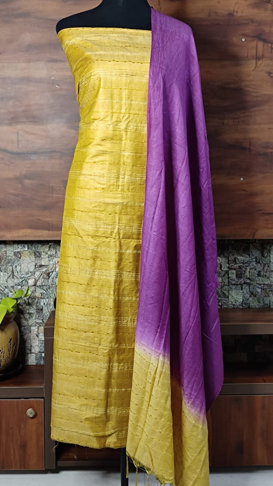 Soft Silk Weaving Suit Material - Yellow & Purple