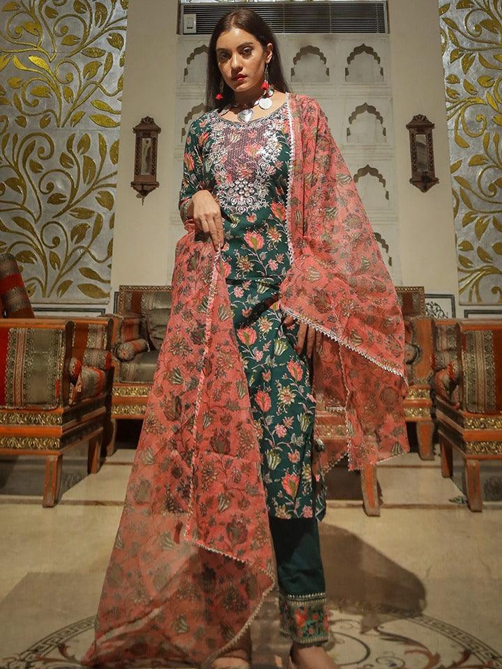 Divena Green Floral Printed Kurta Pant Set with Dupatta - divenaworld.com