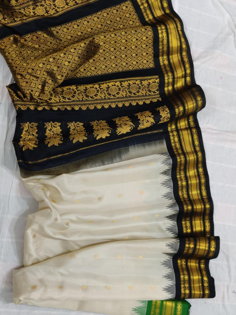 Exclusive Gadwal Silk Saree in Off White, India Green, Black and Golden Zari Work