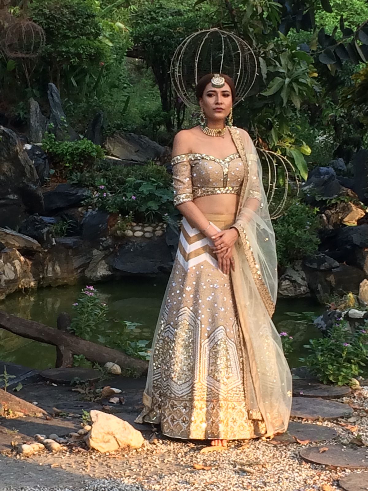 Off White and Light Gold Pure Raw Silk Bridal Lehenga