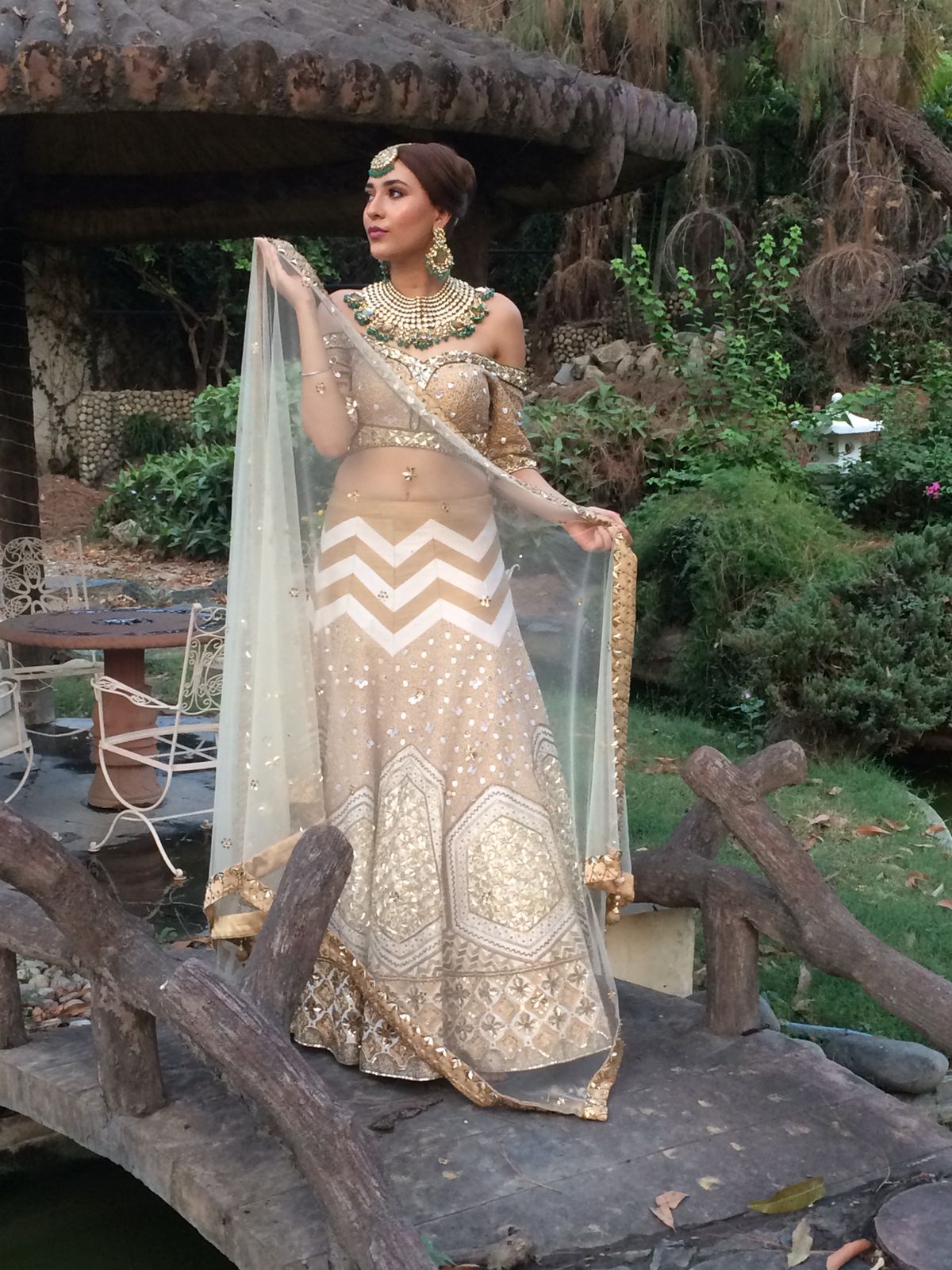 Off White and Light Gold Pure Raw Silk Bridal Lehenga